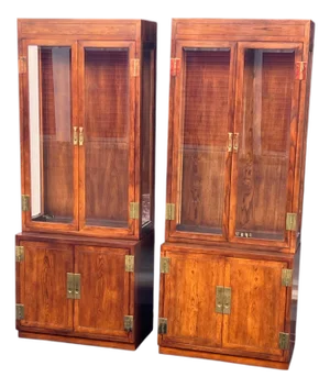 Henredon Campaign Lighted Display Curio Cabinets Scene 1 a Pair