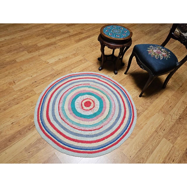 Textile Antique American Braided Round Rug, Handwoven Folk Art, Red & Blue, 4x4 For Sale - Image 7 of 8