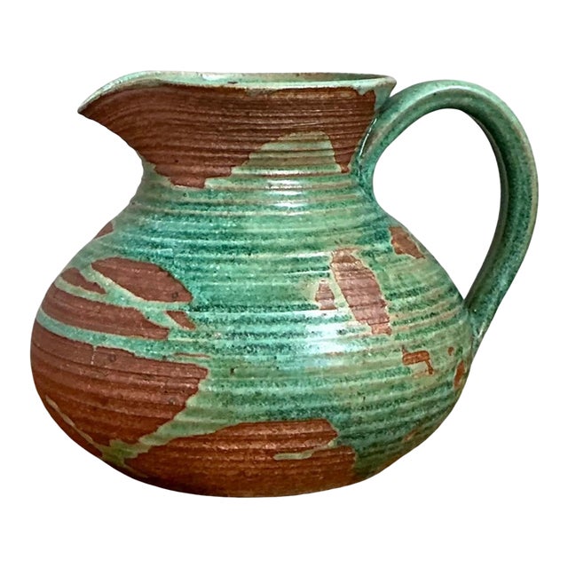 Vintage Green and Brown Ceramic Pitcher For Sale