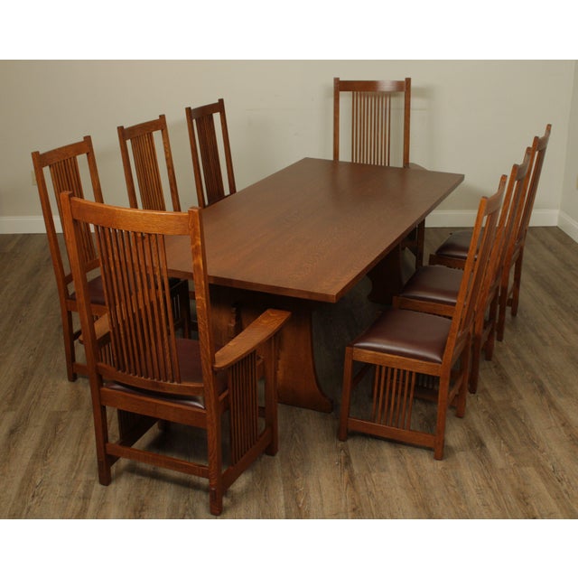 Stickley Mission Collection Oak 9 Piece Dining Set; Trestle Table, 8