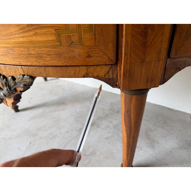 19th-Century French Louis XVI Style Marquetry Inlaid Demi-Lune Cabinet With Breccia Marble Top For Sale - Image 16 of 18