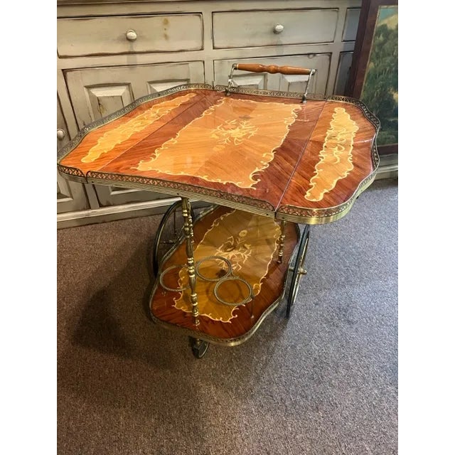 Mid 20th Century Italian Floral Marquetry and Brass Service Bar Cart Trolley For Sale - Image 9 of 10