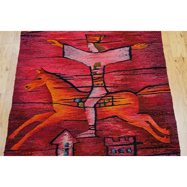 Vintage Mid-Century Tapestry, Handwoven Wool, Folkloric Rider Design, 40" X 86" For Sale - Image 10 of 15