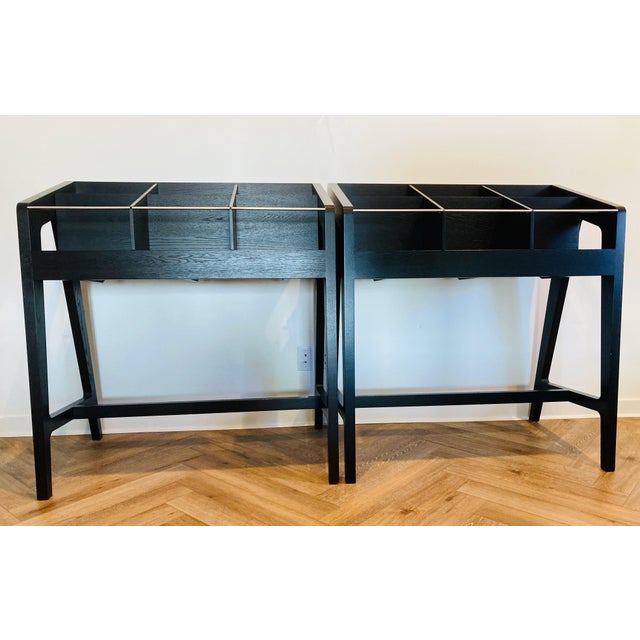 Pair of Custom Record Displays Modern mid-century record displays crafted from blackened oak with stainless steel...