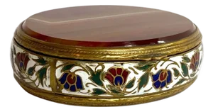 French Gilt Metal Champleve Enamel and Agate Snuff or Pill Box
