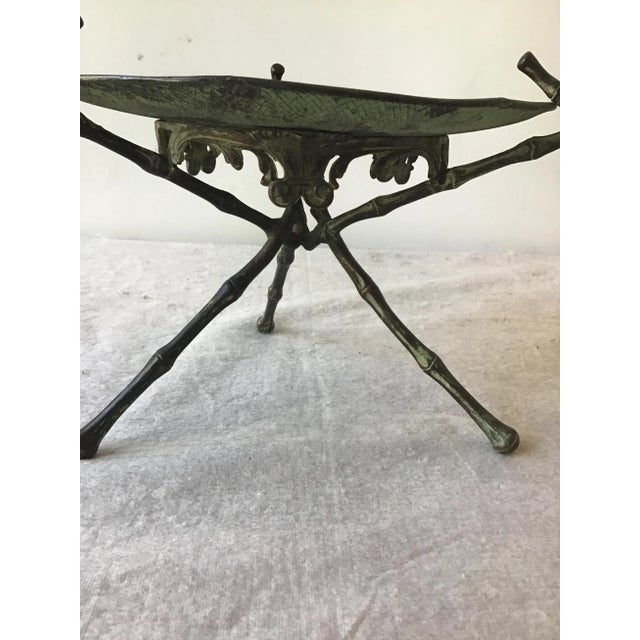 1920s Copper Stamped Dish Or Disc With Patina On Copper Faux Bamboo Stand For Sale - Image 4 of 10