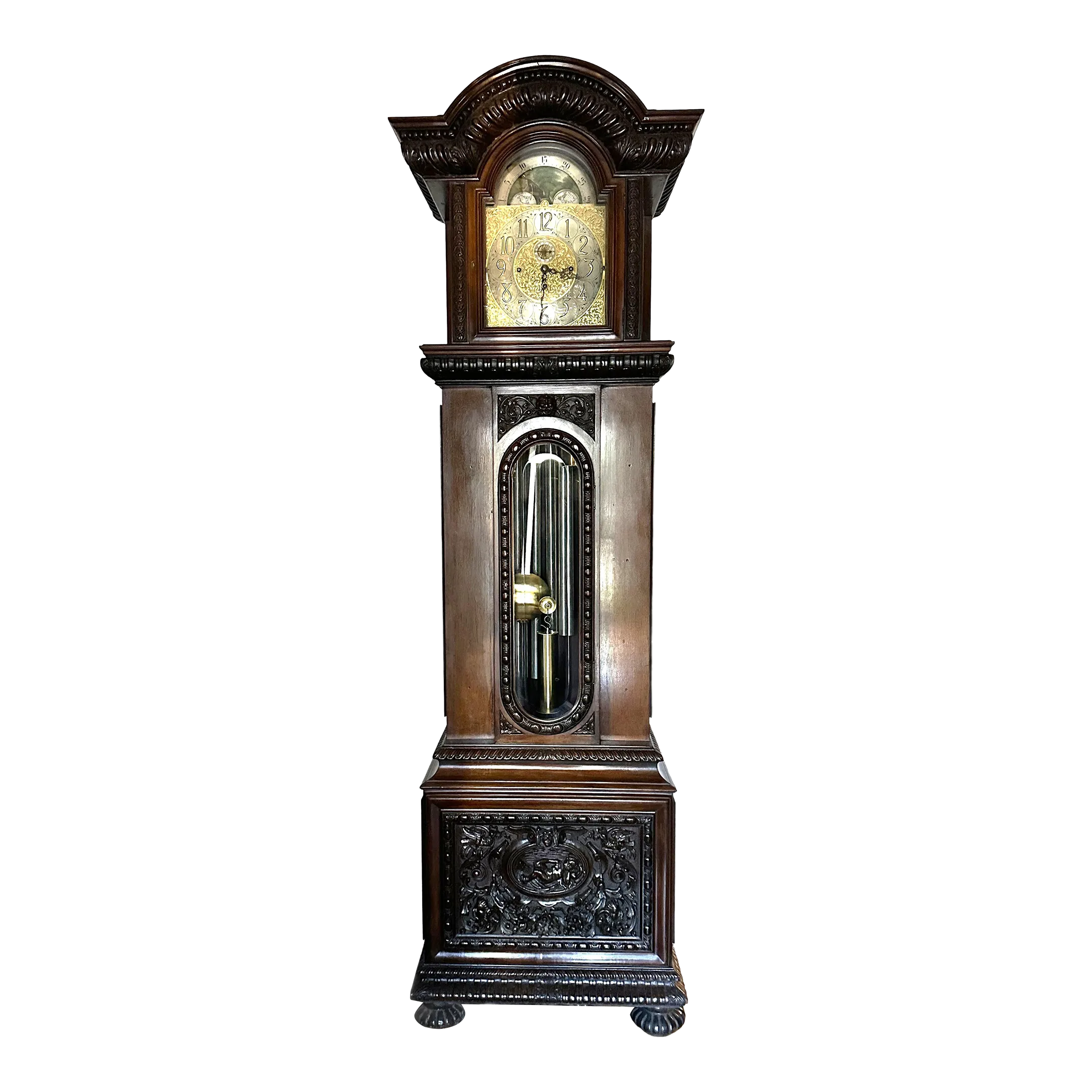Very Large Early 1900s English Mahogany Grandfather Clock. Lunar
