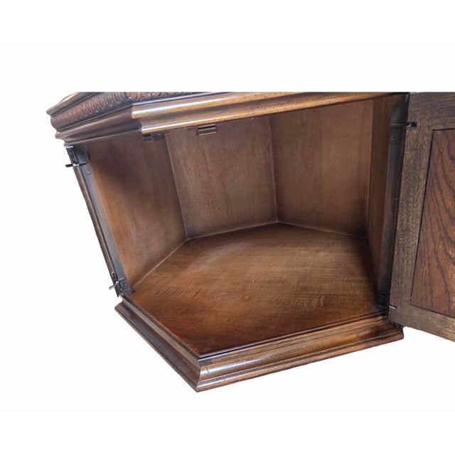 Brown Pair of Vintage Carved Wood Hexagonal End Tables With Parquetry Tops & Storage For Sale - Image 8 of 12