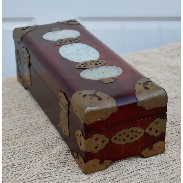 Stone Vintage Chinese Rectangular Jewelry Box W/Carved Stone & Brass Mounts For Sale - Image 7 of 12