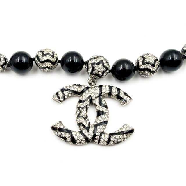 Contemporary Chanel Silver CC Star Crystal Black Bead Necklace For Sale - Image 3 of 4