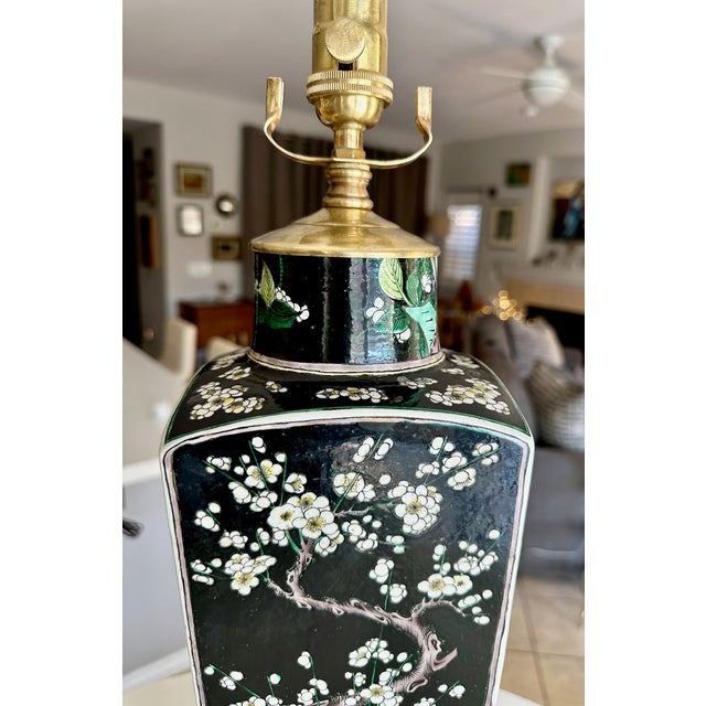 Antique Chinese Famille Noire Porcelain Square Vase Table Lamp For Sale - Image 14 of 15