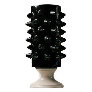 Brutalist Black Ceramic Vase with Spike Details and Contrasting Base, 1990s, Set of 2 For Sale