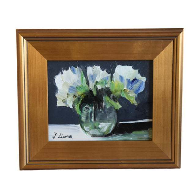 French Country Blue & White Bouquet of Flowers Oil Painting Including the Antiqued Gold Wood Frame For Sale - Image 3 of 7