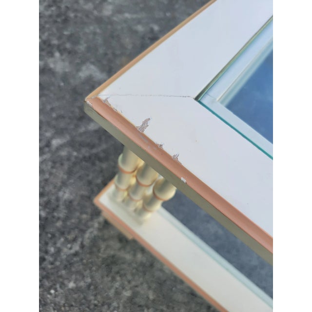 Vintage Thomasville Style Square Faux Bamboo Off White Pink Triple Leg Glass Top Coffee Table For Sale - Image 10 of 10