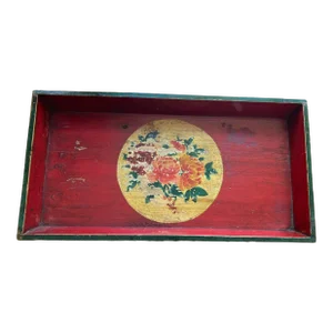 Asian Mid 20th Century Red Green Lacquer Peony Wood Serving Tray