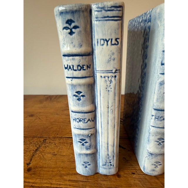 English Pair of Faux Book Themed Book Ends, Blue & White Hand Painted Ceramic, Heavy For Sale - Image 3 of 8