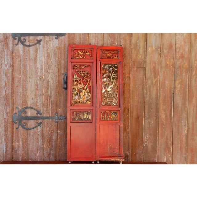 Antique Scarlet Red Gilt Asian Panels For Sale - Image 9 of 10