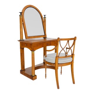 Burl Wood Biedermeier Dressing Table Mirror Matching Chair Cane Seat Mint! For Sale