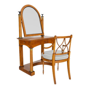 Burl Wood Biedermeier Dressing Table Mirror Matching Chair Cane Seat Mint!