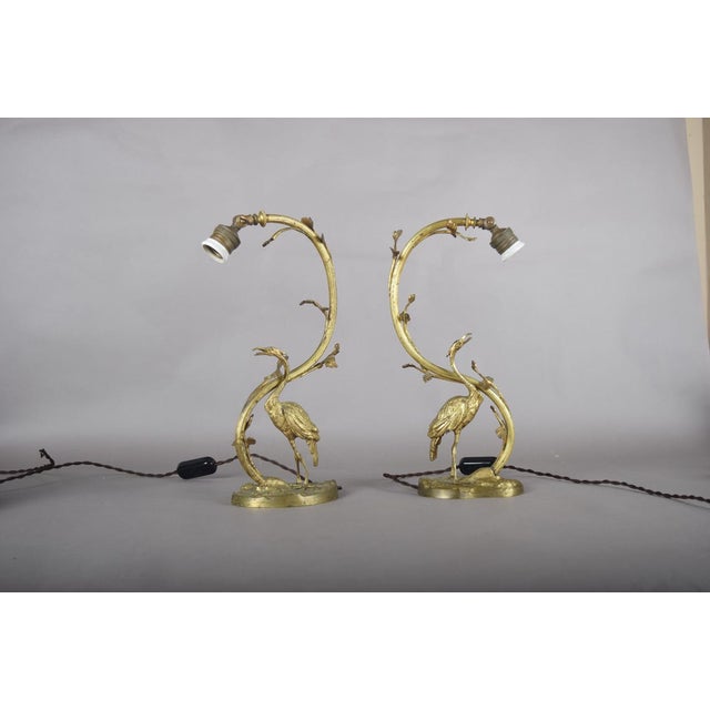 Art Deco Gilt Bronze Sculpted Crane Table Lamps with Branch and Leaf Stems, Europe, 1930s, Set of 2 For Sale - Image 15 of 17