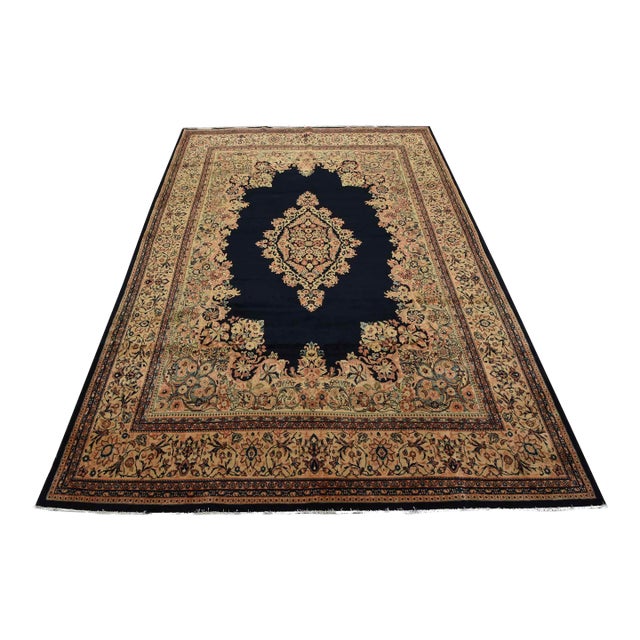 Sarouk Rug 9′ X 11’9” Blue Wool Semi-Antique Traditional Hand-Knotted Carpet For Sale
