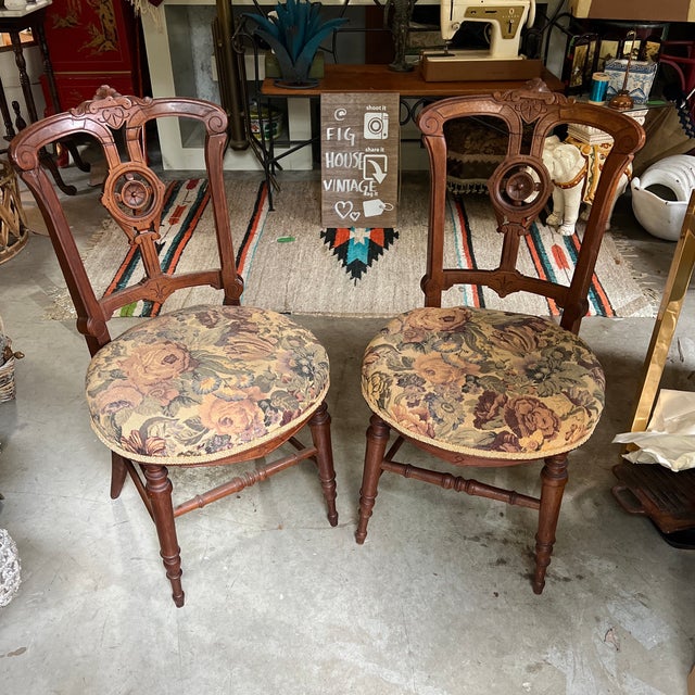 Antique Pair of Wooden Carved Accent Chairs With Central Medallion Detail For Sale - Image 9 of 12