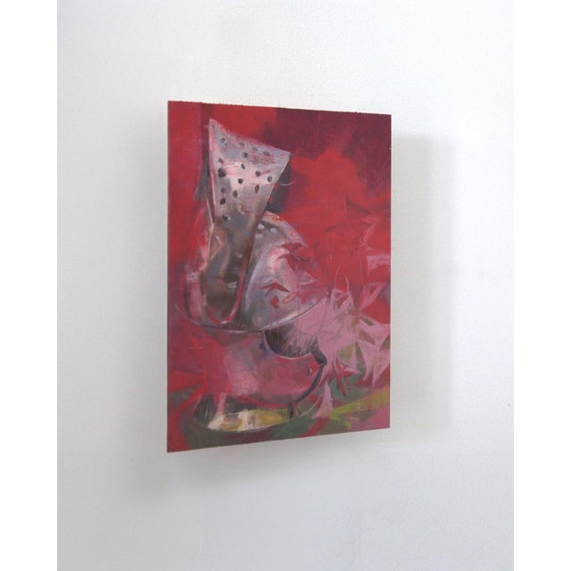 Contemporary Memoriam by Elena Burykina | Oil on panel Still life of a knight's helmet with red background For Sale - Image 3 of 5