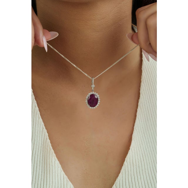 8.69Ct Oval Cut Ruby & Diamond Halo Contemporary Pendant in 14k White Gold For Sale - Image 10 of 14