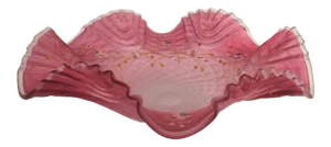 Late 19th Century Bohemian Victorian Art Glass Pink Cranberry Satin Glass Bride's Bowl with Diamond Optic Quilting Enameled Flowers