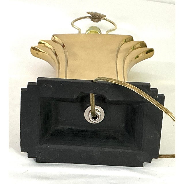 1970s Stiffel-Hollywood Regency Brass Fan/Lotus Black Stepped Base Table Lamp For Sale - Image 9 of 10