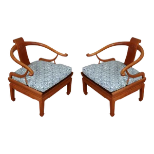 Pair of Teakwood Asian Vintage Horseshoe Armchairs