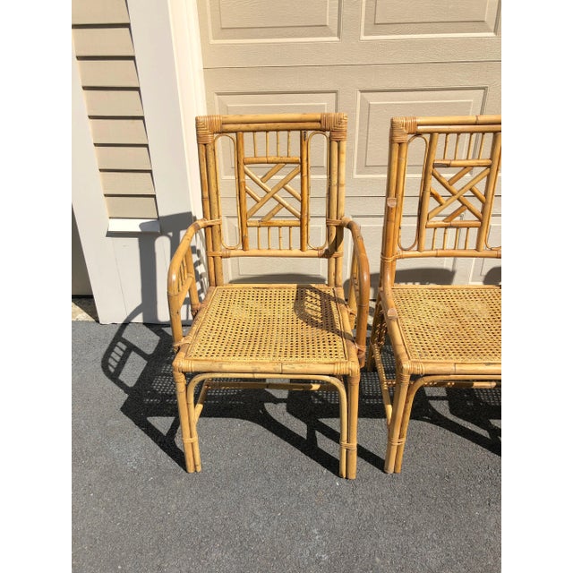 Chippendale Vintage Boho Chic Organic Chippendale Style Bamboo & Cane Fretwork Dining Chairs - Set of 4 For Sale - Image 3 of 13