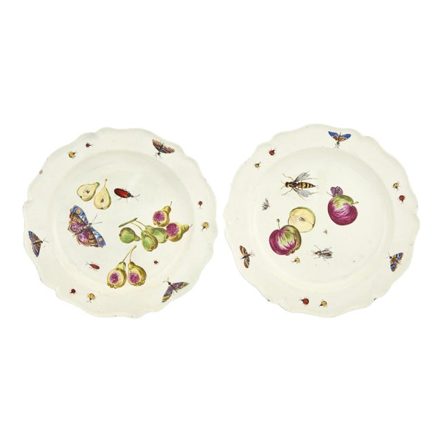 Antique Mid 18th Century English George II Creamware Plates Decorated With Fruit, Insects and Butterflies Circa 1750 - 1760 - A Pair For Sale