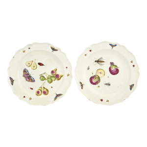 Antique Mid 18th Century English George II Creamware Plates Decorated With Fruit, Insects and Butterflies Circa 1750 - 1760 - A Pair