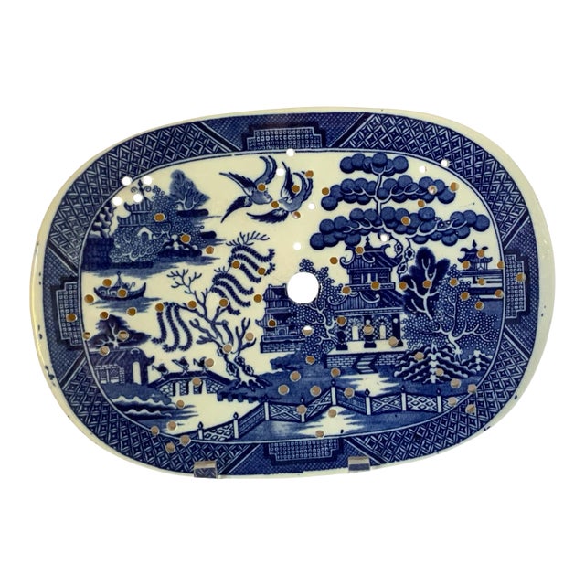 Antique 19th C Staffordshire Blue Willow Meat Drainer Platter Insert England c.1840 For Sale