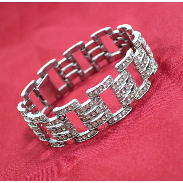Vintage Art Deco Rhodium Crystal Link Bracelet 1920s For Sale - Image 4 of 9