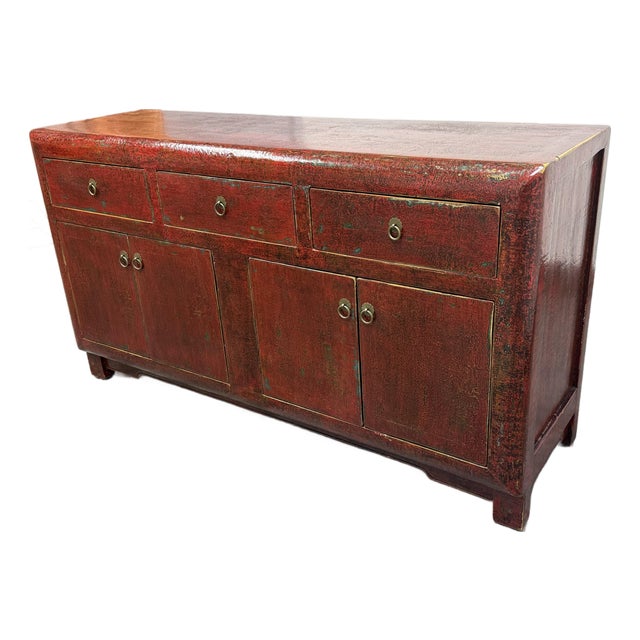 Asian Red Distressed Lacquered Sideboard, Vintage For Sale