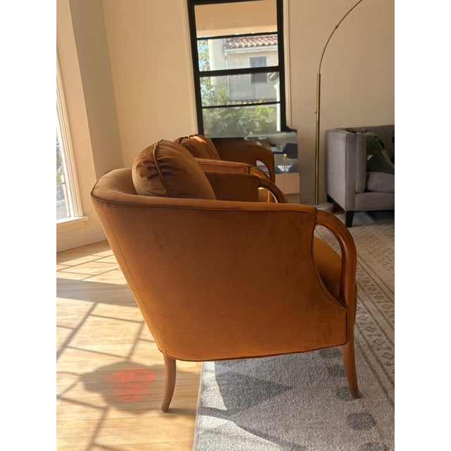Vintage Barrel Back Chairs in Amber Velvet, Carved Oak Arms – Pair For Sale In Los Angeles - Image 6 of 9