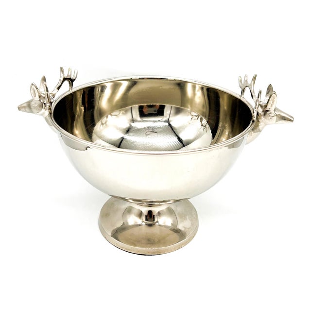 Silver Vintage Polished Stainless Steel Deer Head Pedestal Bowl / Wine Cooler – Equestrian / Lodge / English Country For Sale - Image 8 of 11