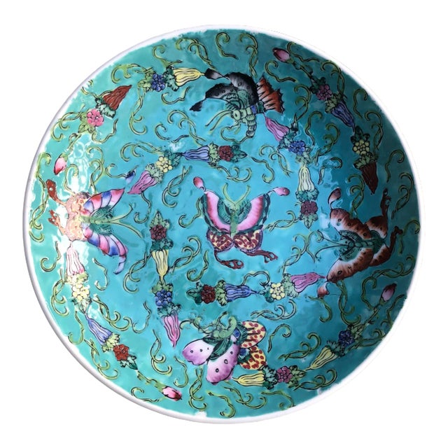 Vintage 20th Century Japanese Porcelain Ware Heavily Enameled 7.5” Turquoise Bowl with Butterflies For Sale