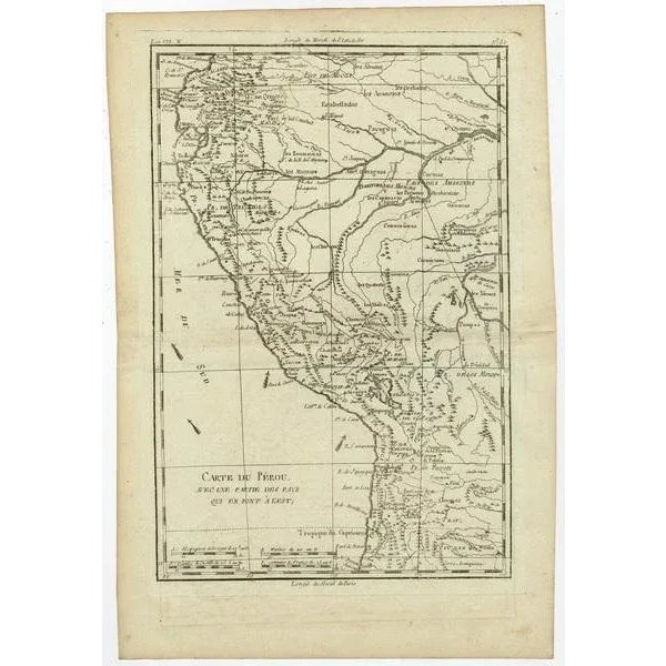 Antique map titled 'Carte du Perou avec une partie des pays qui en sont a l'est.' Map of the western coast of South...