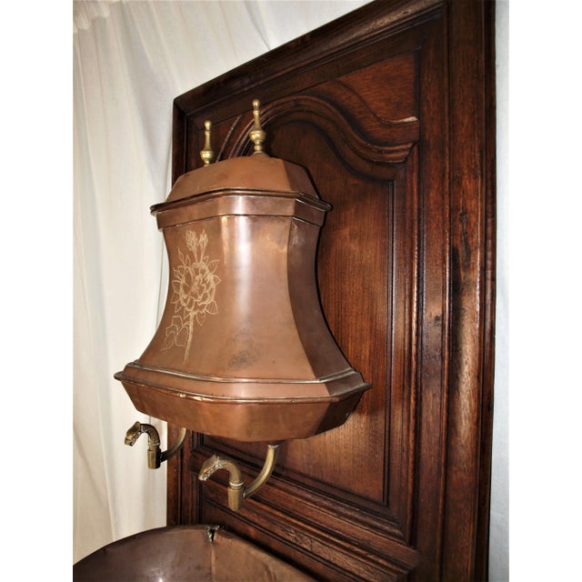 French Antique French Hammered Copper & Lavabo Wall Hanging Fountain & Basin Mounted on Door For Sale - Image 3 of 11