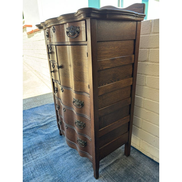 Brown Antique Oak Highboy Dresser Featuring Distinctive Serpentine Bowed Drawers and a Small Upper Side Cabinet For Sale - Image 8 of 11