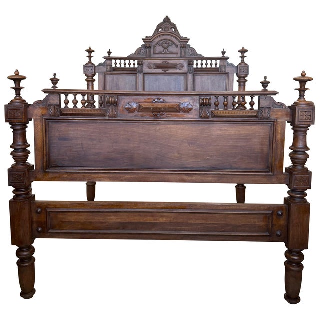 Wood Antique French Louis XVI Style Full/Queen Size Walnut Carved Bed Frame Baroque For Sale - Image 7 of 18