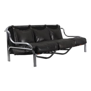 Black Leather Stringa 3-Seater Sofa by Gae Aulenti for Poltronova, 1960s For Sale