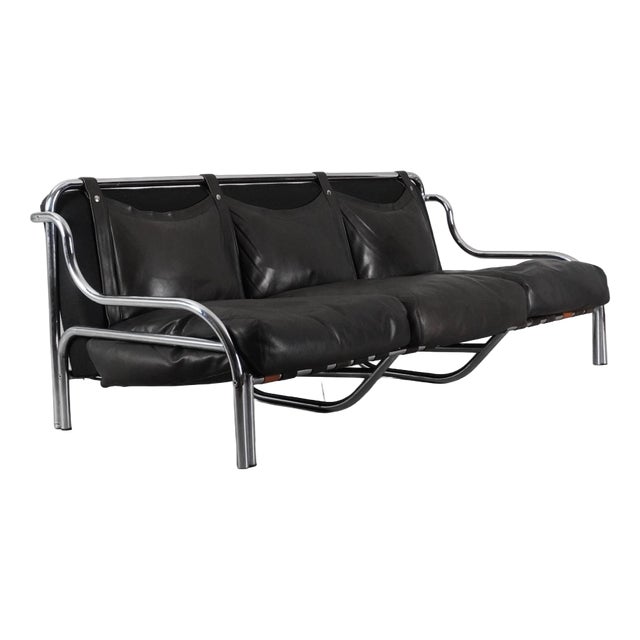 Black Leather Stringa 3-Seater Sofa by Gae Aulenti for Poltronova, 1960s For Sale