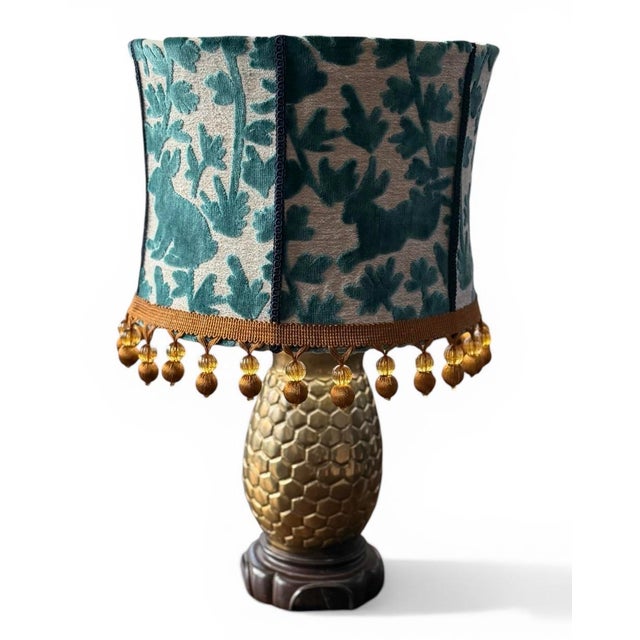 Designer Covington Teal Bunny Velvet Drum Lampshade With Beaded Fringe- It Glows For Sale - Image 4 of 7