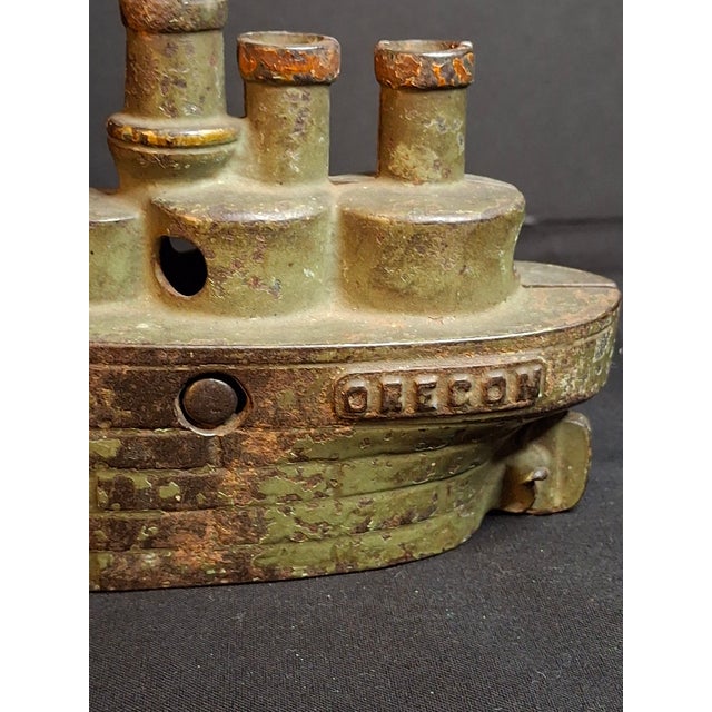 Late 19th Century Antique Cast Iron Battleship Oregon Still Penny Bank J&e Stevens Green Paint 1898 For Sale - Image 5 of 14