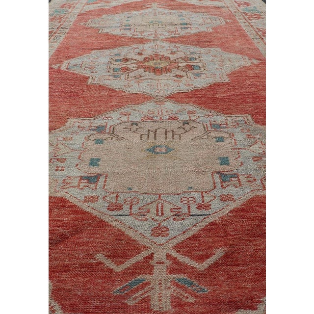 Mid 20th Century Vintage Turkish Oushak Gallery Runner With Floral's in Orange and Green 4'7 X 10'3 For Sale - Image 5 of 12