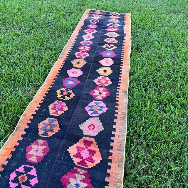 Boho Chic Vintage Black Colorful Flatweave Kilim Rug Runner For Sale - Image 3 of 7